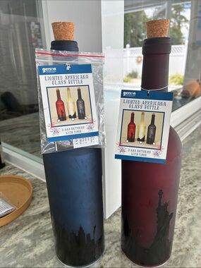 Gerson Lighted Americana Glass Bottle - Blue and Burgundy